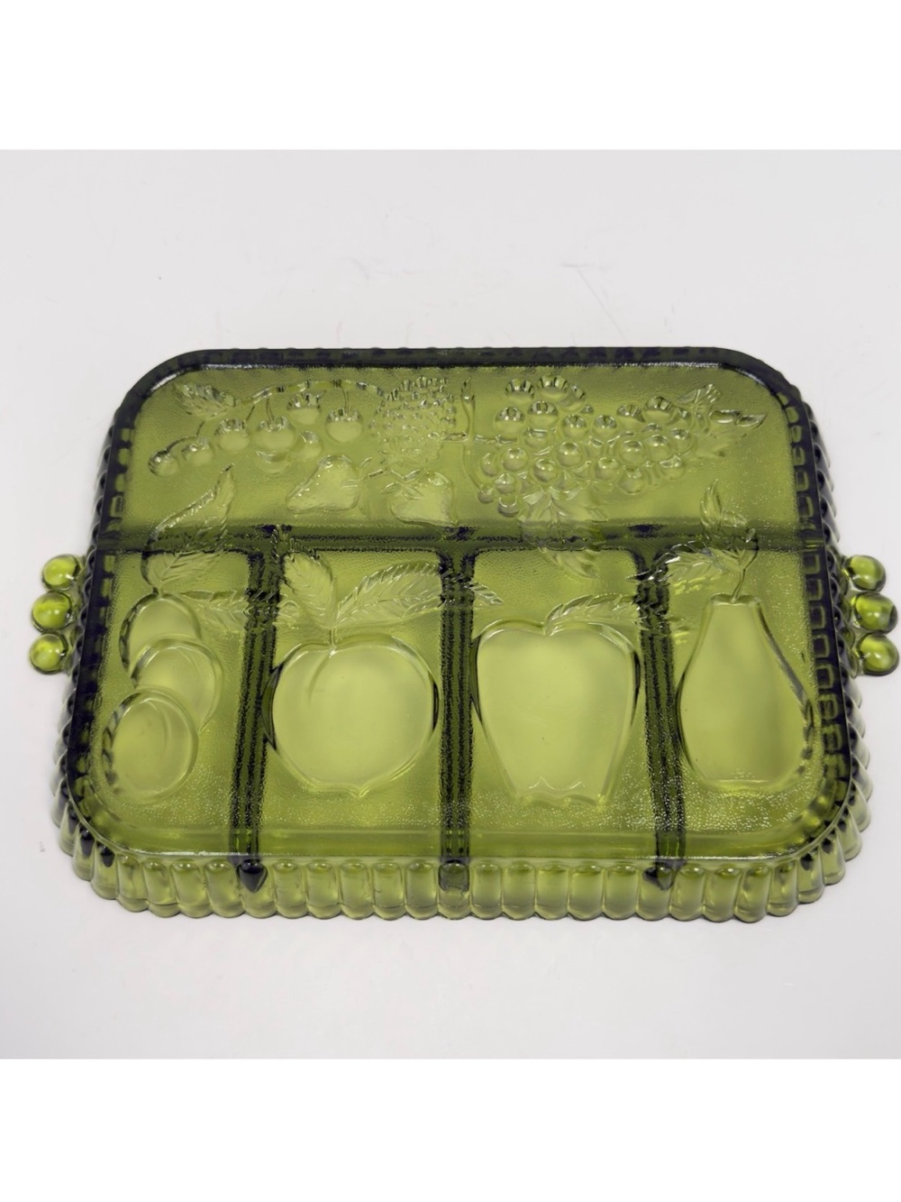 Vintage Indiana Glass Avocado Green Fruit 5 Part Divided Relish Tray 1970s
